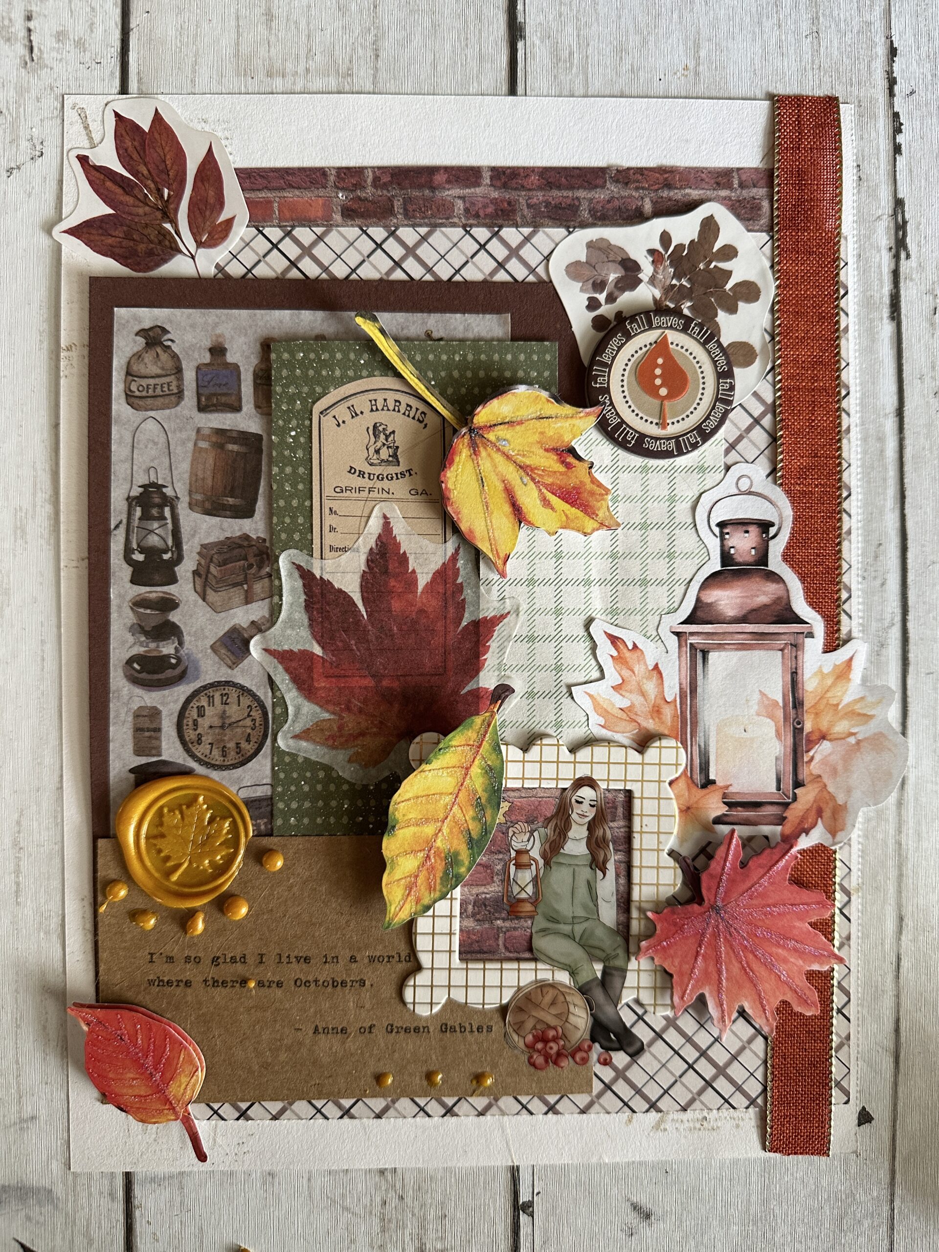 Junk journal layout with warm browns and oranges featuring falling leaves, a girl with a bucket of apples, lantern, a quote card and wax seal