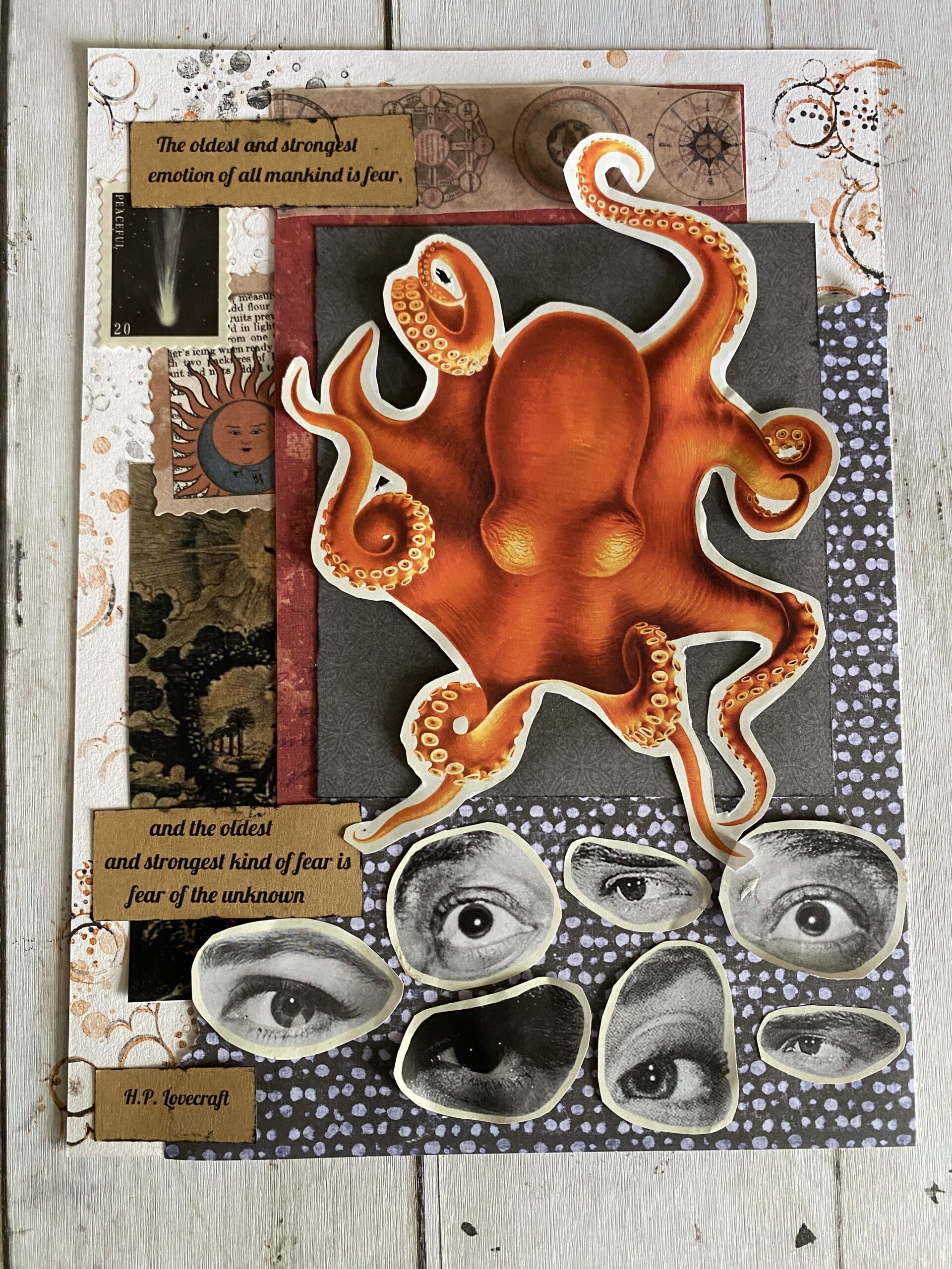 Lovecraft theme junk journal layout with orange octopus over black and white paper with black and white human eyes looking out at the viewer with a quote from HP Lovecraft