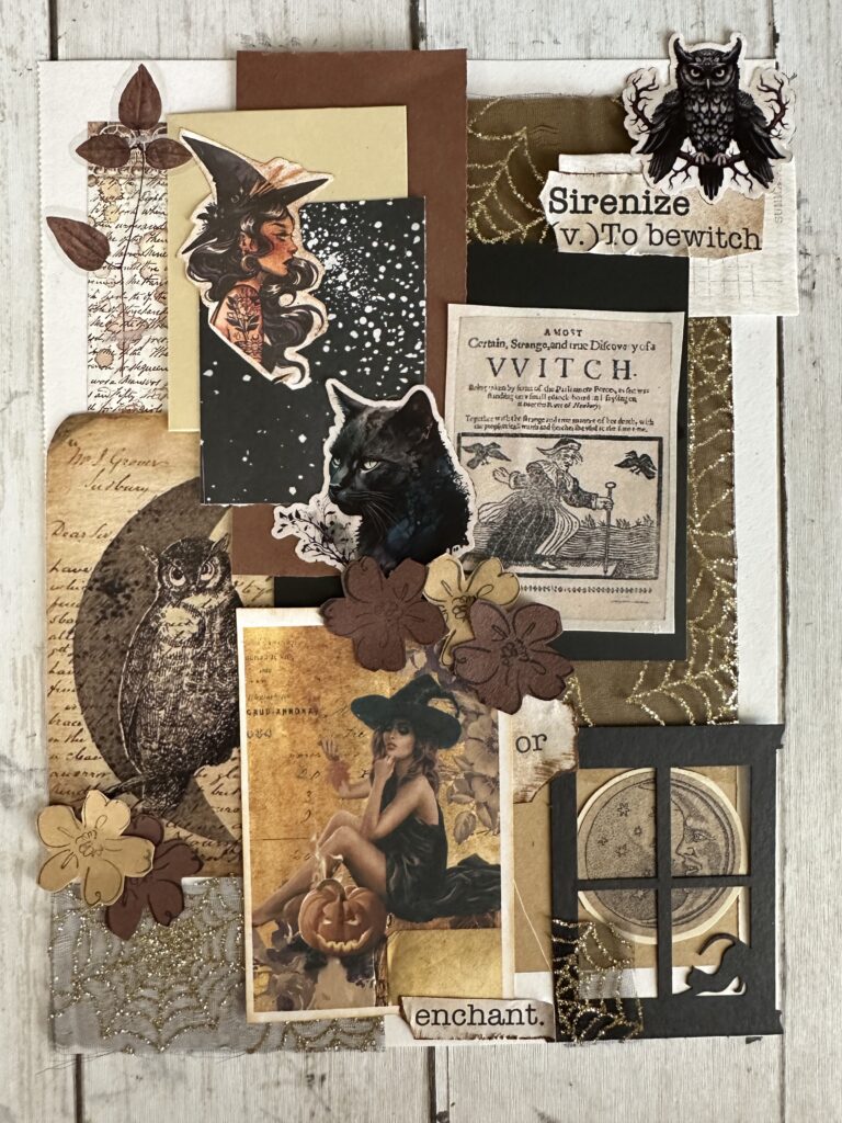 junk journal layout using a witch sticker and image, black cat, owls, and a silhouette of a cat stretching in a window looking at the moon all in black tan and brown tones