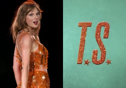 Image of Taylor Swift wearing orange at the Eras tour with a mint green background and orange glittery T.S.