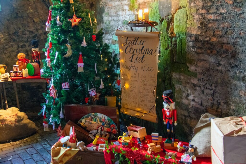 a christmas display with presents and a christmas tree