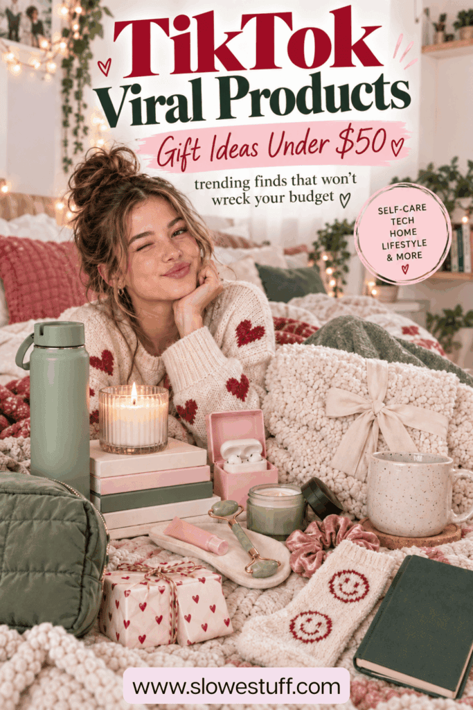 TikTok viral products gift ideas under $50 featuring a young woman with affordable beauty, tech, self-care, home, and lifestyle gifts, featured by slowestuff.com.