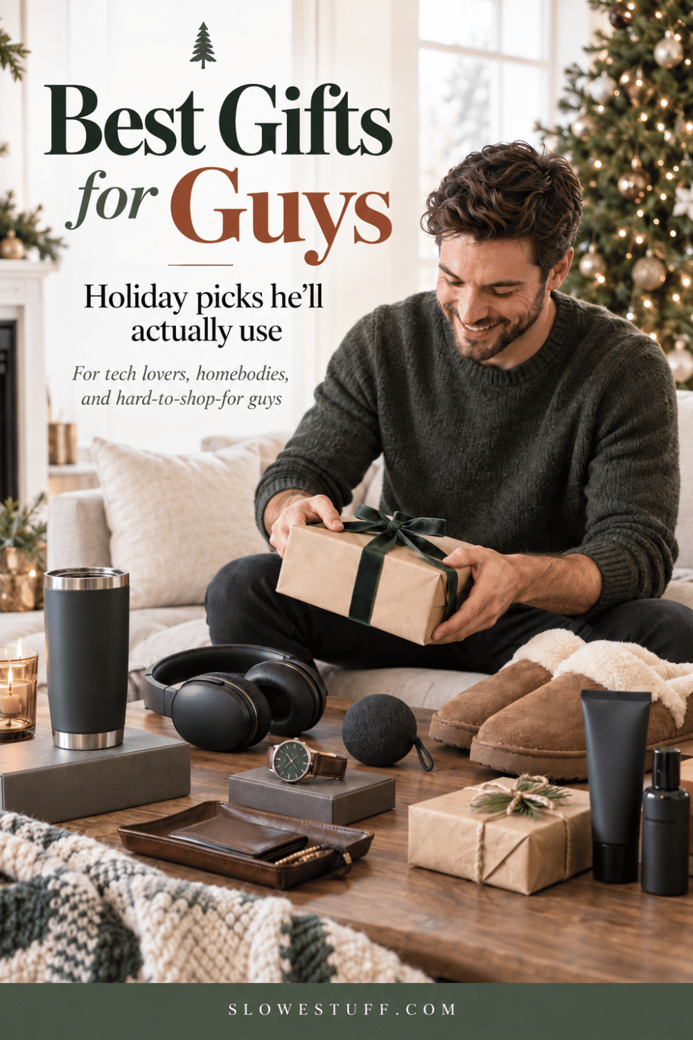 gifts for men featuring a guy sitting in front of a christmas tree with a gift in his hands looking down and smiling