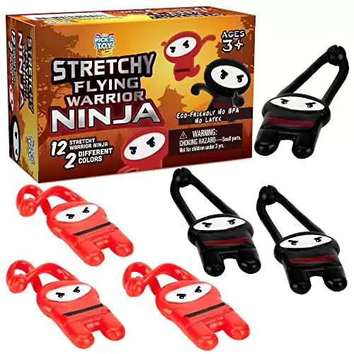 PICK A TOY Stretchy Flying Ninjas [12-Pieces] | Elastic Slingshot Ninja Toys for Boys & Girls | Great Birthday Gift & Party Favors Idea | Red & Black Colors | Eco-Friendly, BPA-Free Materi...