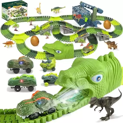 EchoPlan Dinosaur Toys, 309PCS Dinosaur Race Track Train Toy with 4 Dino Cars, 6 Dino Toys, 270 Track Set,Create A Dino World Road Race, Toys for Boys Kids Toddlers 3 4 5 6 7 8 10+ Year Old & Up