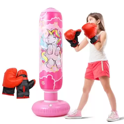 47" Inflatable Kids Punching Bag with Boxing Gloves, Free Standing Boxing Bag, Bounce-Back Bag for MMA, Karate, Taekwondo and Kick, Gifts for Kids, Girls