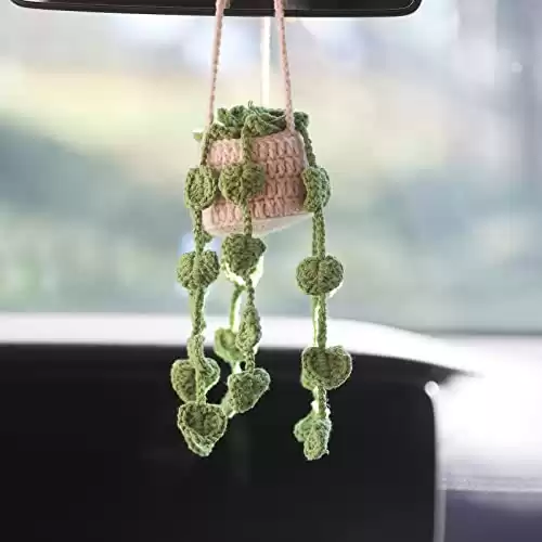 Cute Potted Plants Crochet Car Mirror Hanging Cute Interior Aesthetic Car Accessories for Women Men Handmade Knitted Rear View Mirror Accessories, White
