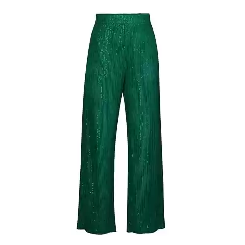 Women Sparkle Outfits Sequin Long Sleeve Blouse Shirt Top Glitter Long Loose Pants Bling Party Clubwear Streetwear (Green Pants, Small)