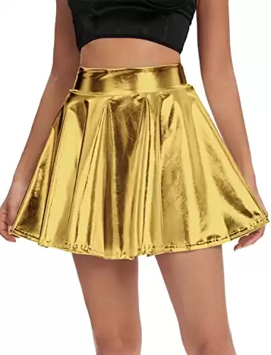 Urban CoCo Women's Shiny Flared Pleated Mini Skater Skirt (M, Gold)