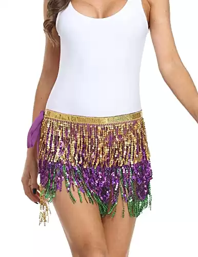Women's Sparkly Wrap Skirt Mardi Gras Costume Belly Dancing Hip Scarf (One Size, Mardi Gras)