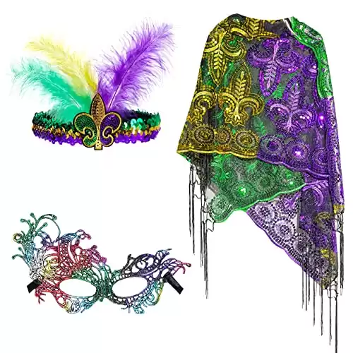 Yolyoo Mardi Gras Shawl Scarf Costume with Mardi Gras Headband Masquerade Party Favor Accessories Multicoloured