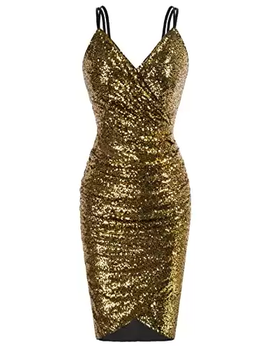 GRACE KARIN Women's Sequin Dress Spaghetti Straps Wrap V-Neck Bodycon Club Dress Brown S