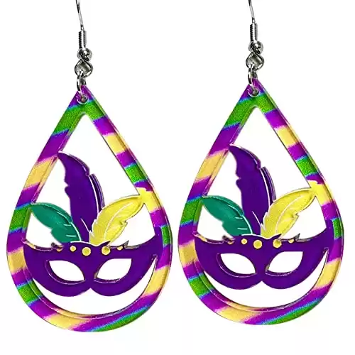 Colorful Mardi Gras Resin Acrylic Tassel Dangle Earrings Dainty Mask Feather Shape Carnival Earrings for Women Girls Jewelry(A)
