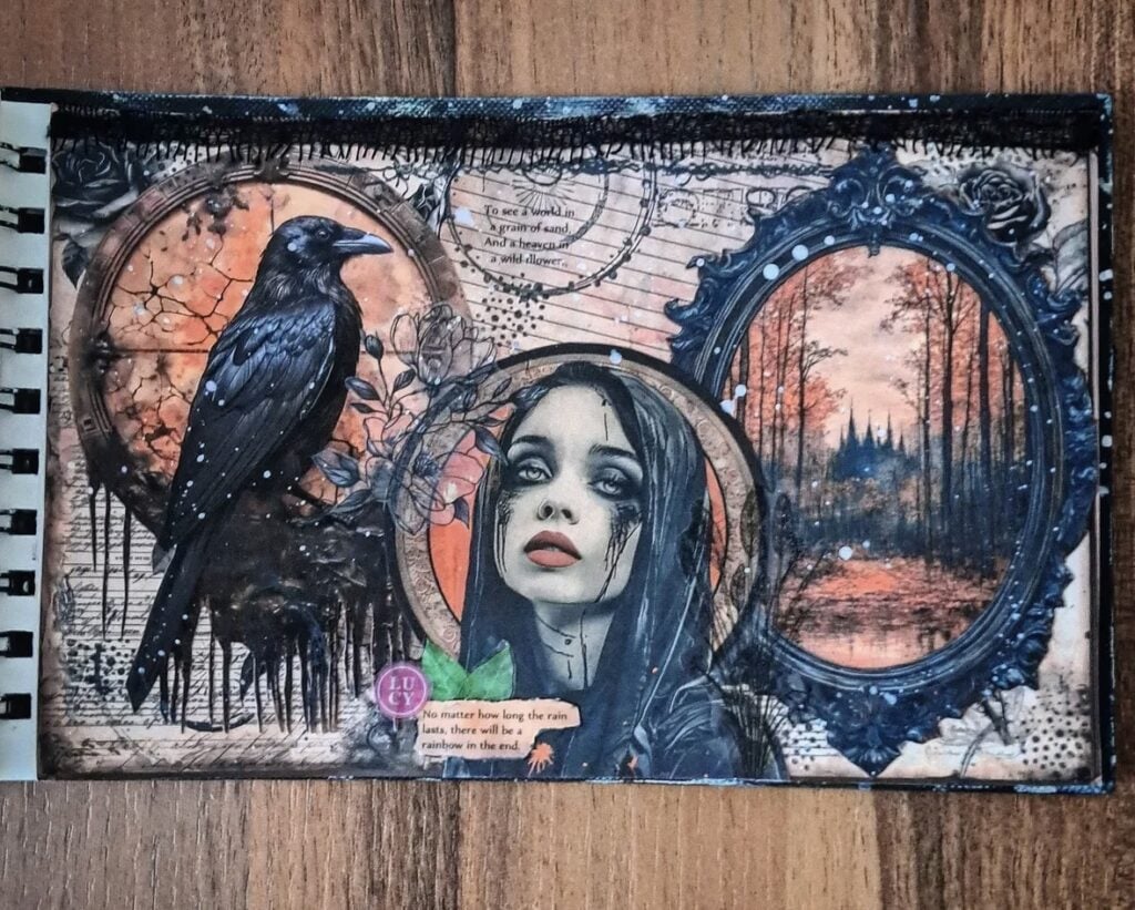 Gothic Halloween art journal page with a black raven, a dark-haired woman framed in ornate circles, and an eerie orange forest background.