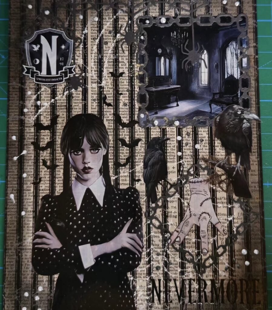 Halloween scrapbook page featuring Wednesday Addams on a vintage book page background with ravens, a gothic castle room, the Thing hand, and “Nevermore” text.