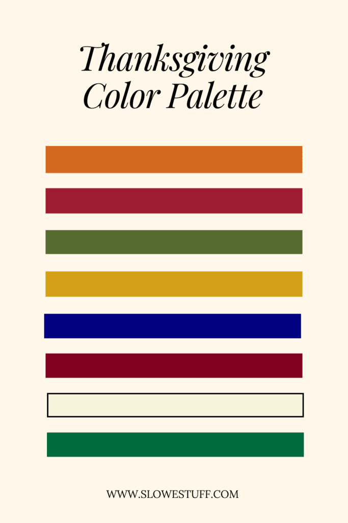 Thanksgiving color palette: pumpkin orange, cranberry red, mustard yellow, olive green, burgundy, cream, navy, and emerald—fall outfit inspiration for men and women.