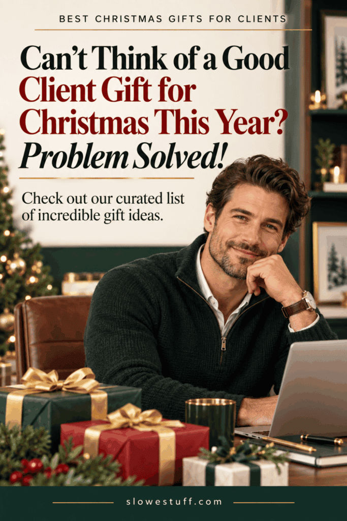 Christmas gift ideas for clients Pinterest graphic featuring a man at a holiday-decorated desk with wrapped gifts and a laptop, with text about solving the client gift problem, featured by slowestuff.com.