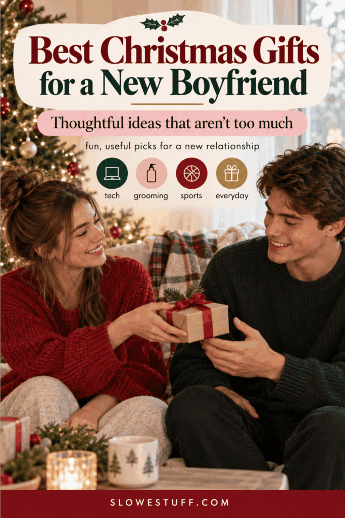 Best Christmas gifts for a new boyfriend with a couple exchanging a present and thoughtful gift ideas for a new relationship, featured by slowestuff.com