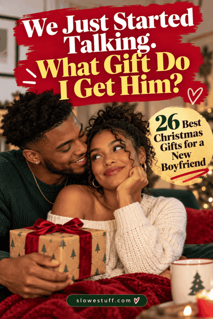 Christmas gift ideas for a new boyfriend with a couple exchanging a present, featuring gifts that are thoughtful without being too much, featured by slowestuff.com