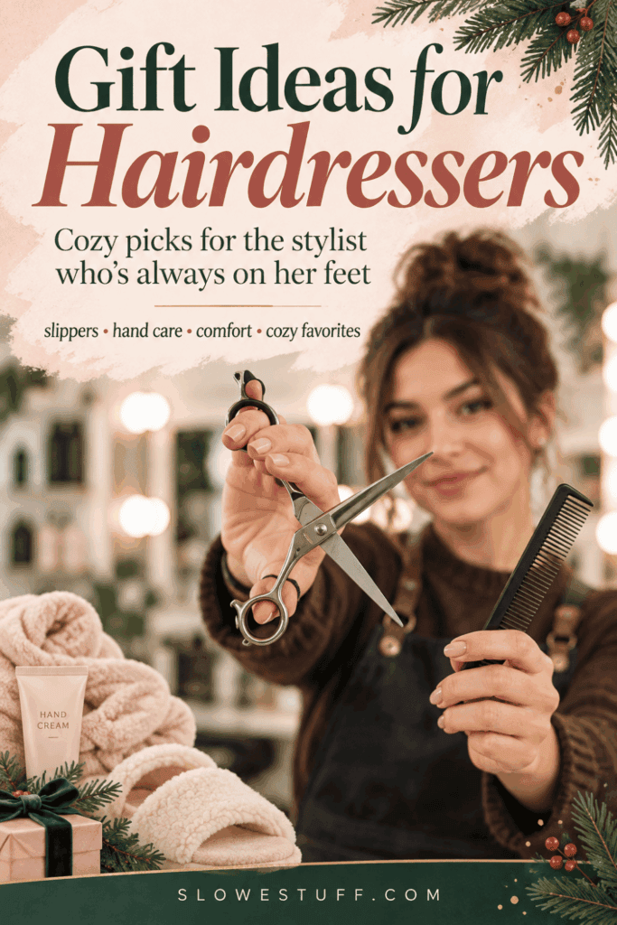 Christmas gift ideas for hairdressers featuring a hairstylist with scissors, cozy slippers, hand cream, and holiday decor, featured by slowestuff.com.