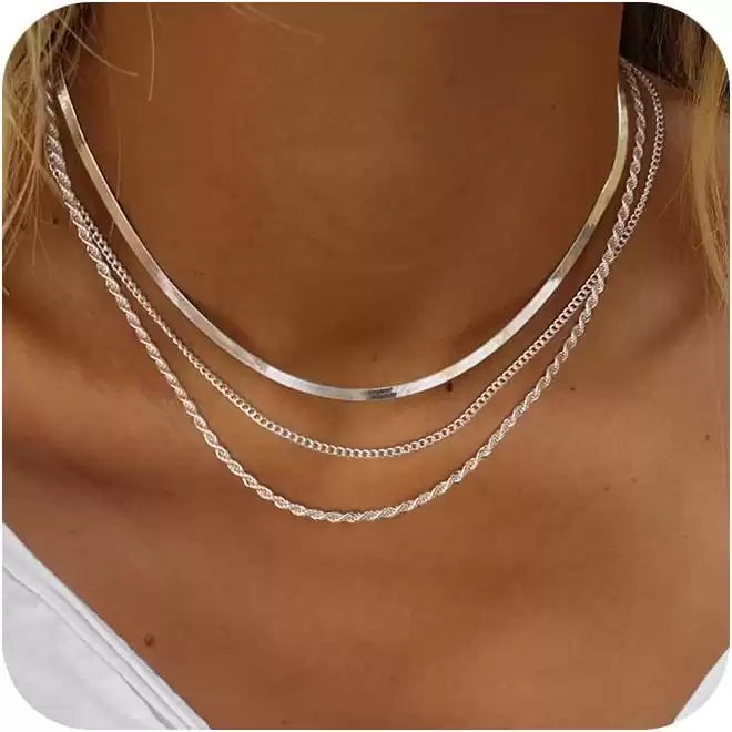 Freekiss Silver Herringbone Necklace for Women, Layered 925 Sterling Silver Necklace Simple Dainty Cuban Rope Snake Link Chain Necklace Set Chunky Choker Silver Jewelry for Women Gifts