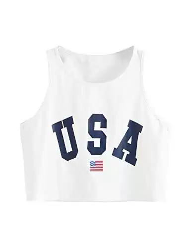 SweatyRocks Women's Casual Sleeveless Round Neck Workout Crop Tank Top Shirts Letter USA White S