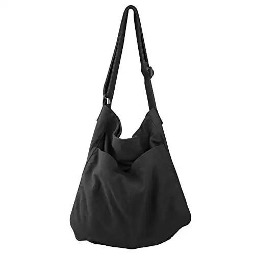 Canvas Hobo Crossbody Shoulder Tote Bag for Women and Men W/Multi-pocket Casual Purse Messenger Bags Travel Work (Black/607)