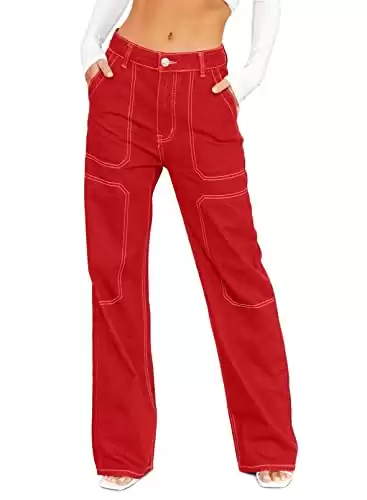 Dokotoo Women's Casual Mid Waist Cargo Jeans Baggy Wide Leg Denim Pants Red Size 10