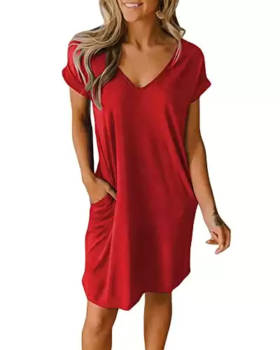 BTFBM Women V-Neck Short Sleeve Summer Dresses 2024 Spring Casual Loose T-Shirt Tunic Short Dress Pajamas with Pockets(Red, Small)