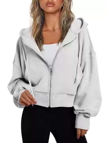 Trendy Queen Hoodies for Women Full Zip Up Cropped Sweatshirts Jackets Casual Comfy Gym Tops Fall Outfits Winter Clothes 2024 Grey