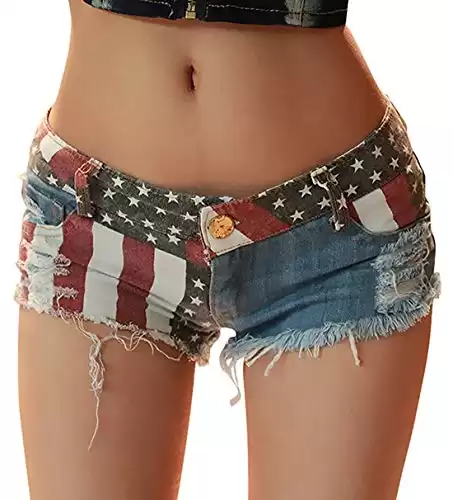 chouyatou Women's Low-Rise American Flag Print Daisy Duke Ripped Denim Shorts (Small, Blue)