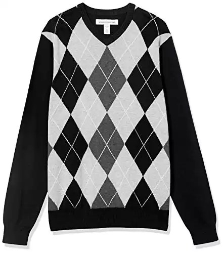 Amazon Essentials Men's V-Neck Sweater (Available in Big & Tall), Black Argyle, X-Small