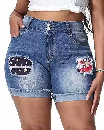 Rubugil Women's Plus Size Casual Denim Shorts High Waisted Stretchy American Flag Patched Folded Hem Jean Shorts Blue 16W