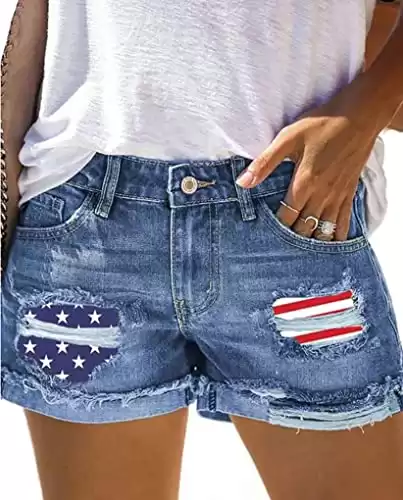 LLuao Women Patch Mid Rise American Flag Shorts 4th of July Distressed Ripped Frayed Folded Cutoff Denim Jeans XL