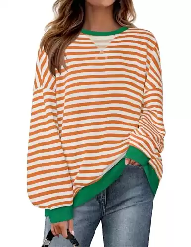 ZESICA Womens Casual Striped Pullover Tops Long Sleeve Shirts Crewneck Oversized Sweatshirts 2024 Fall Clothes,Orange,Large