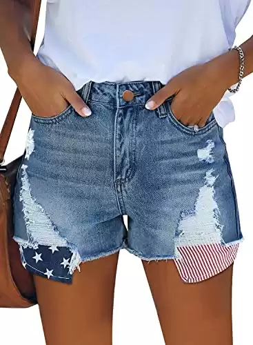 MINGALONDON Stretchy Jean Shorts for Women American Flag Patch Mid Rise Distressed Frayed Hem Denim Shorts Blue M