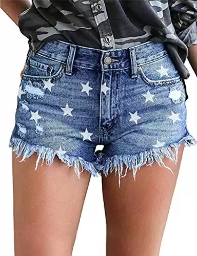 MODARANI Frayed Shorts for Women Strar Printed Mid-Rise Ripped Denim Shorts Zipper Fly Button XL