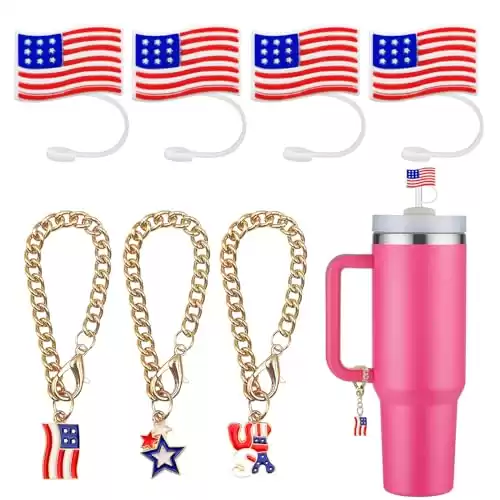 Patriotic US Flag Straw Cover Cap for Stanley, Charm Accessories for Stanley Cup, 4th of July Drinking Straw Tip Covers for Stanley 30&40 Oz (4PCS Caps + 3PCS Charms)