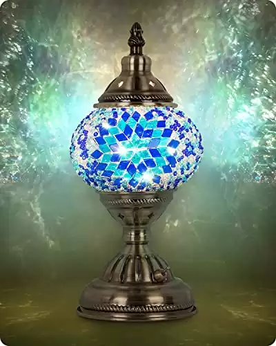 Yarra-Decor Turkish Moroccan Lamp with Bronze Base Handmade Tiffany Mosaic Glass Lamps Portable Bedside Lamps with Rechargeable Battery 2000mAh (LED Bulb Included)(2)