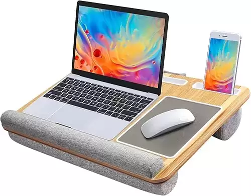 HUANUO Lap Desk - Fits up to 17 inches Laptop Desk, Built in Mouse Pad & Wrist Pad for Notebook, Laptop, Tablet, Laptop Stand with Tablet, Pen & Phone Holder (Wood Grain)