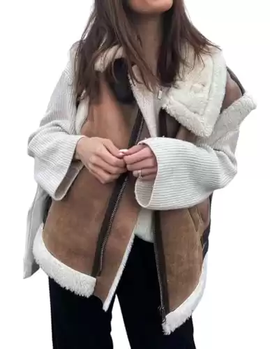 Chouyatou Women's Winter Warm Suede Sherpa Leather Vest Jacket Zip Up Sleeveless Lambwool Fur Coat with Pockets