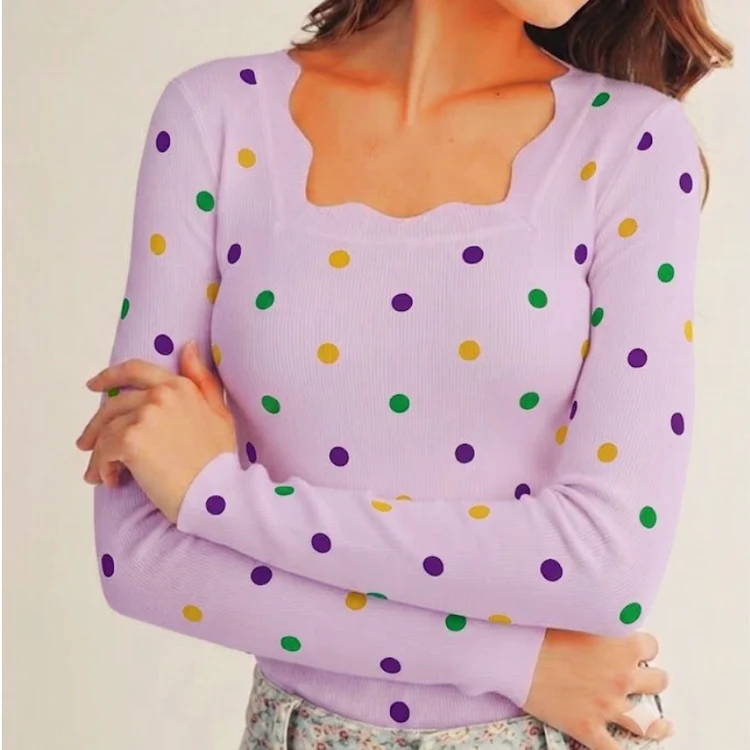 Mardi Gras Confetti Scalloped Neckline Knit Top SASH Clothing Bar