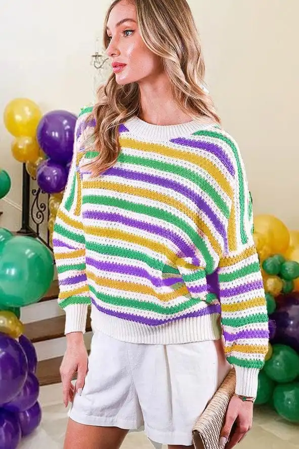 Crew Neck Textured Mardi Gras Stripe Sweater | Little Miss Muffin Children & Home