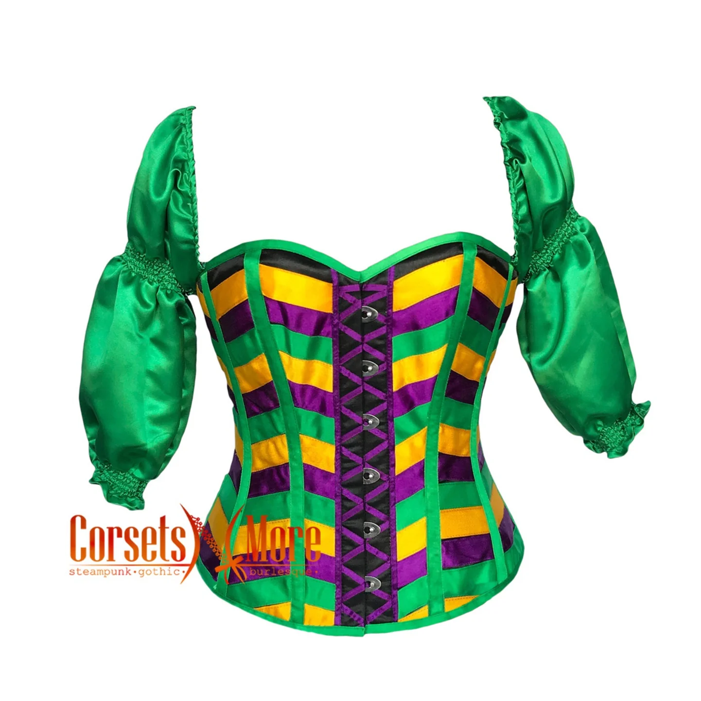 Green Purple and Yellow Striped Satin Mardi Gras Costume Corset With P CorsetsNmore