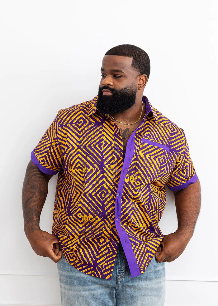 Tisholo Men's African Print Button-Up Shirt (Purple Diamond Adire) - C