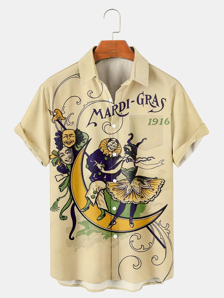 Fydude Men'S Mardi Gras Vintage Poster Print Short Sleeve Shirt