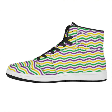 Mardi Gras Wave Pattern Print High Top Leather Sneakers GearFrost