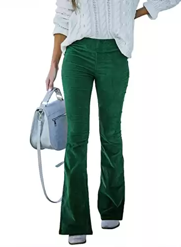 (sidefeel women corduroy flare pants elastic waist bell bottom trousers medium green), Retro