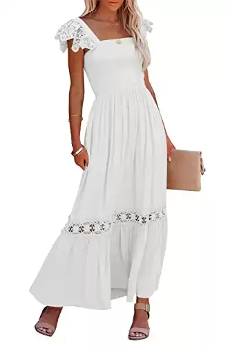 Ferlema Women's Summer White Maxi Dresses Summer Casual Square Neck Sleeveless Ruffle Beach Long Dress with Pockets White Small