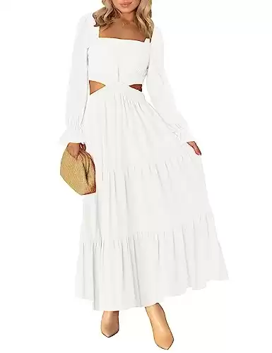 MEROKEETY Women's 2024 Long Sleeve Cutout Maxi Dress Square Neck Crossover Waist Ruffle Tiered Casual Party Dress White M